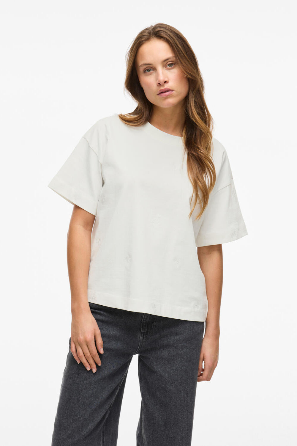 Vimonie Flower Emb t-shirt - Snow White